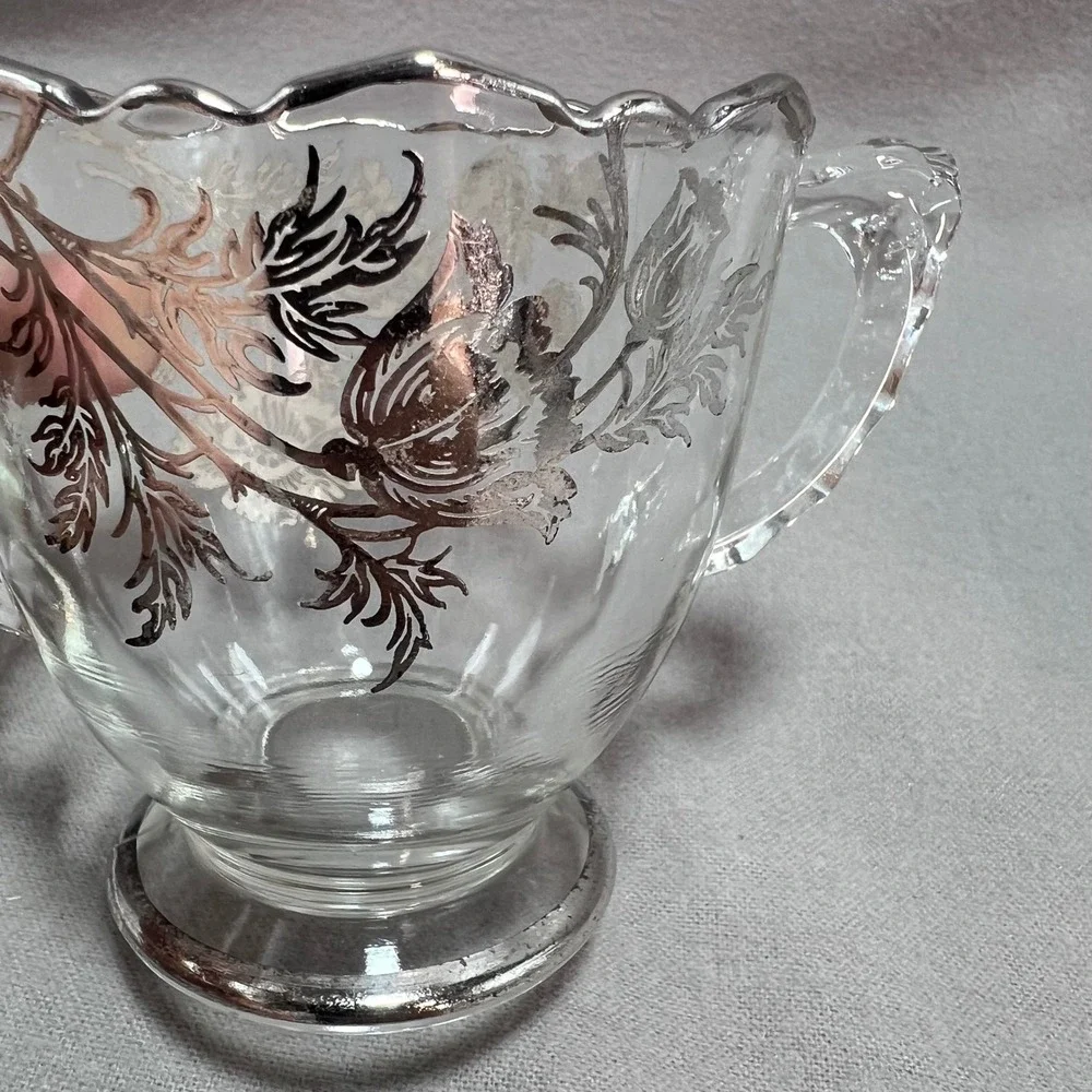 Silver City Poppy‎ Flanders Clear Glass Silver Overlay Vintage Creamer Sugar Set